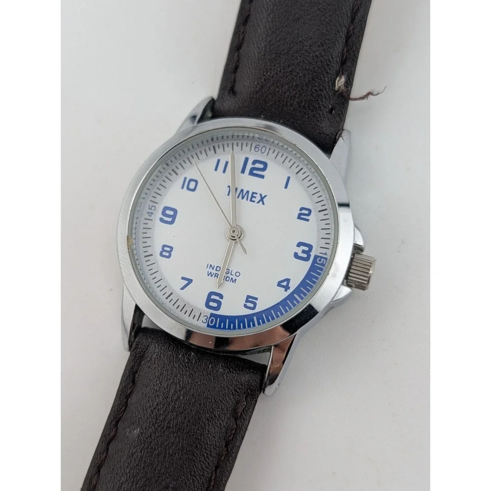 Timex Indiglo Women's Watch 30mm Silver Case Brown Leather Band- New Battery